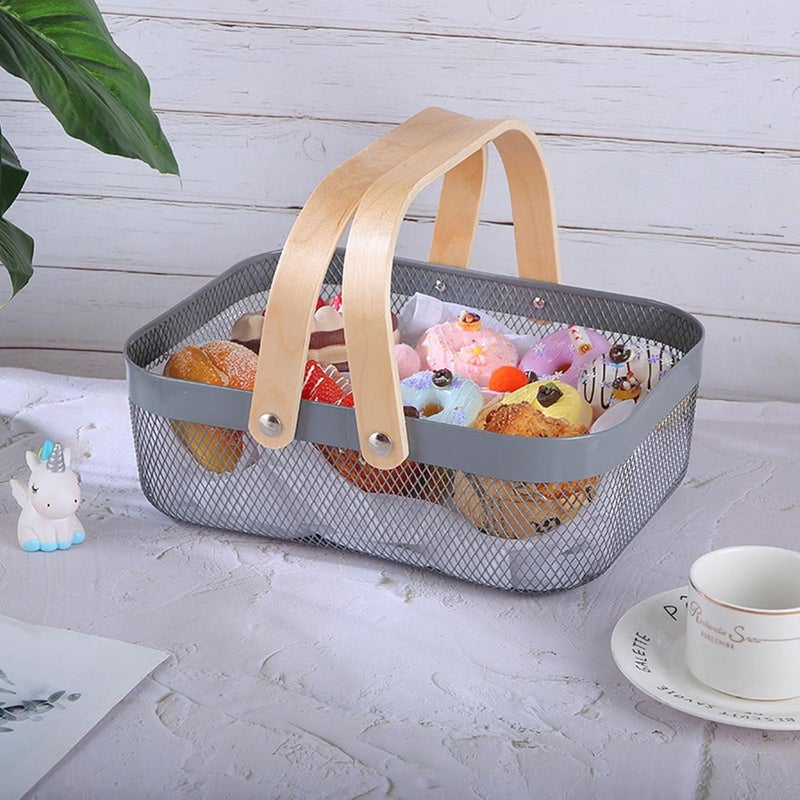 AJIODA Metal Mesh Steel Basket, Storage Organizer Basket Garden Harvest Basket Multi-functional Kitchen Fruit Baskets Bin with Wooden Handle for Bathroom Picnic Shopping Decor Cabinet Home, Grey - Image 4